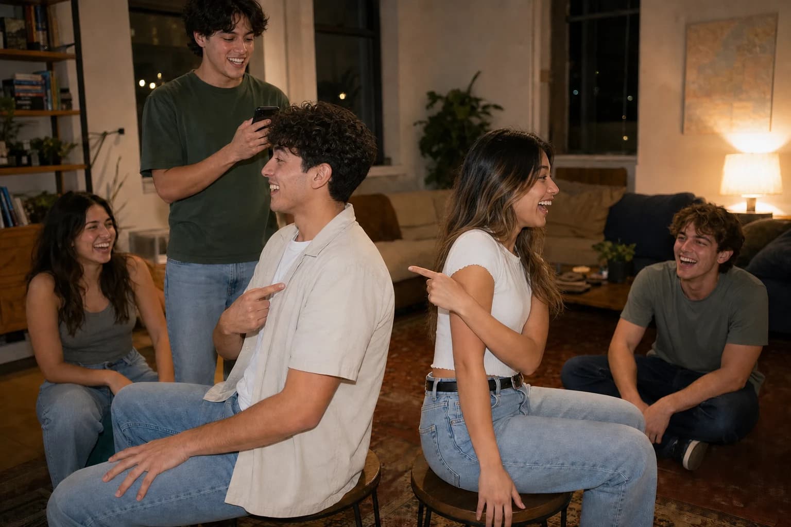 Two players sit back to back and point to the same person