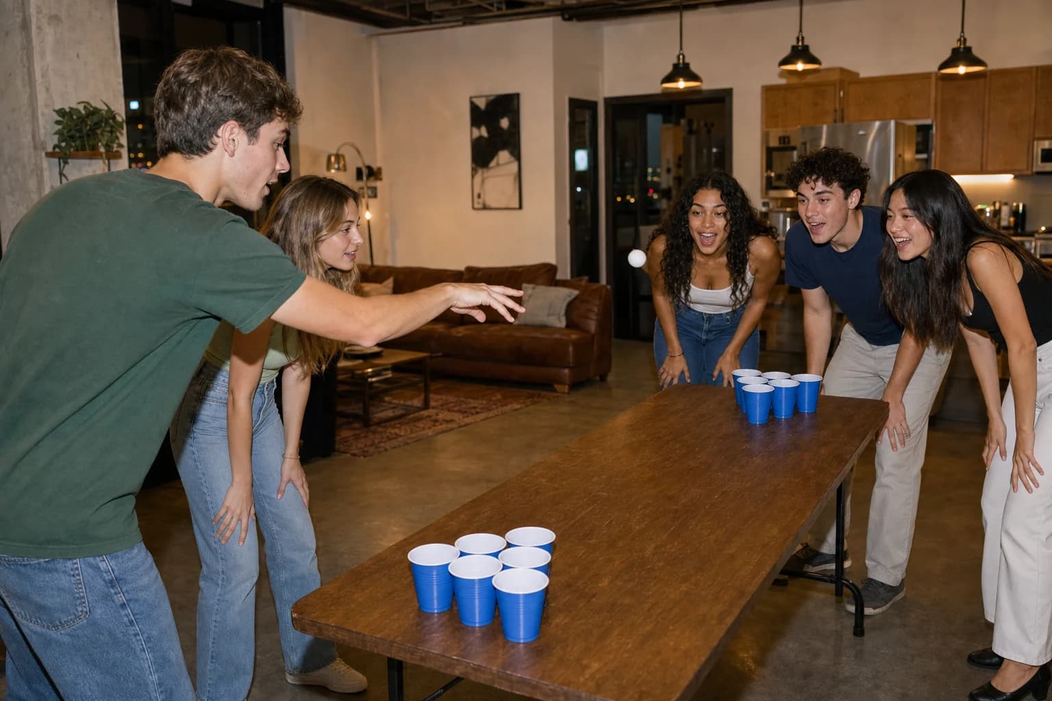 Two teams throw toward six-cup Beer Pong triangles