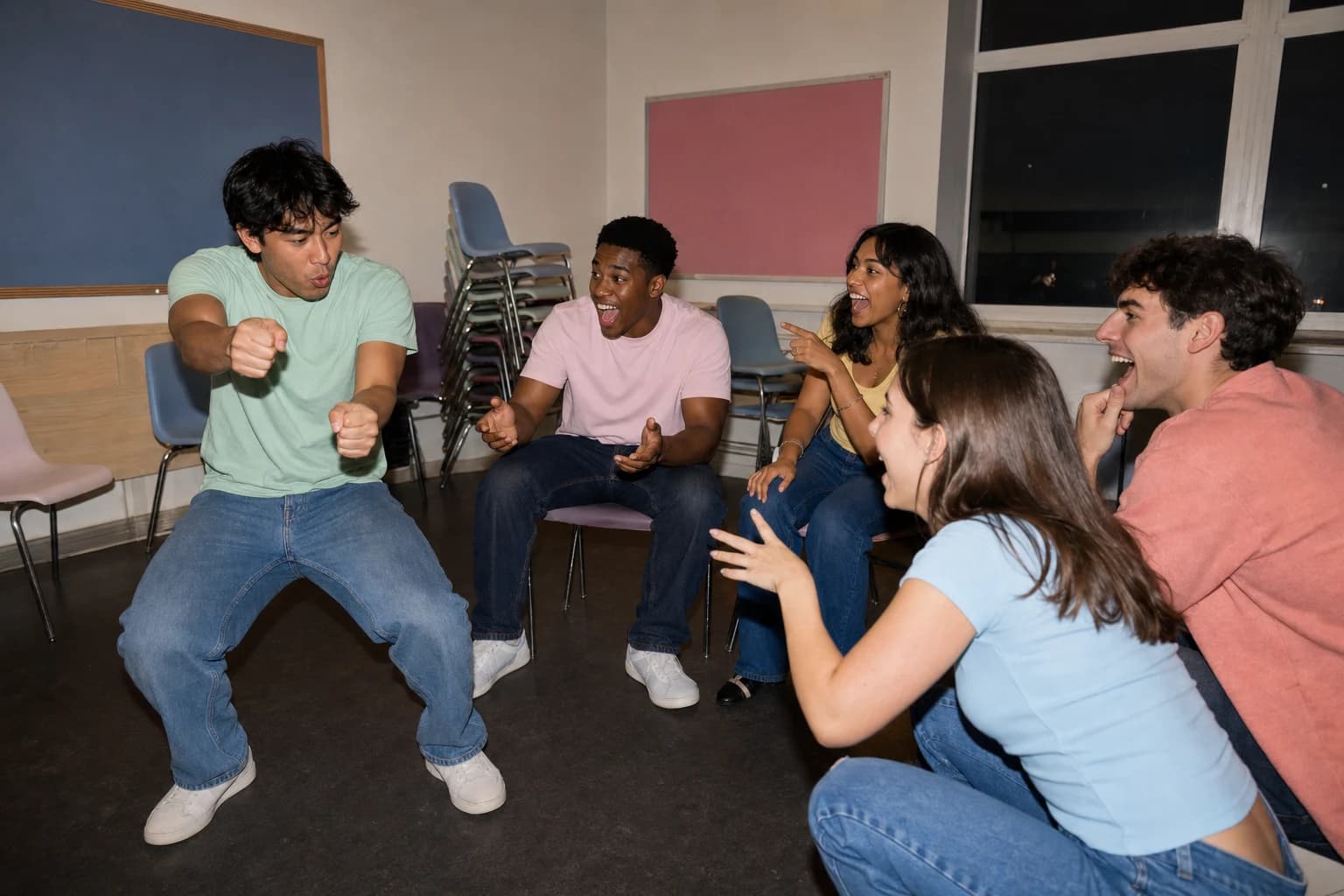 One player silently acts out a term for their guessing team
