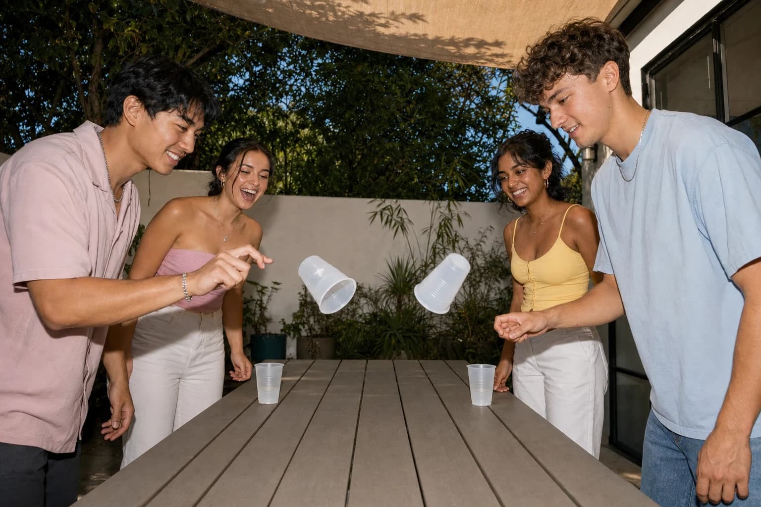 Two opposing players flip empty cups before their teammates continue