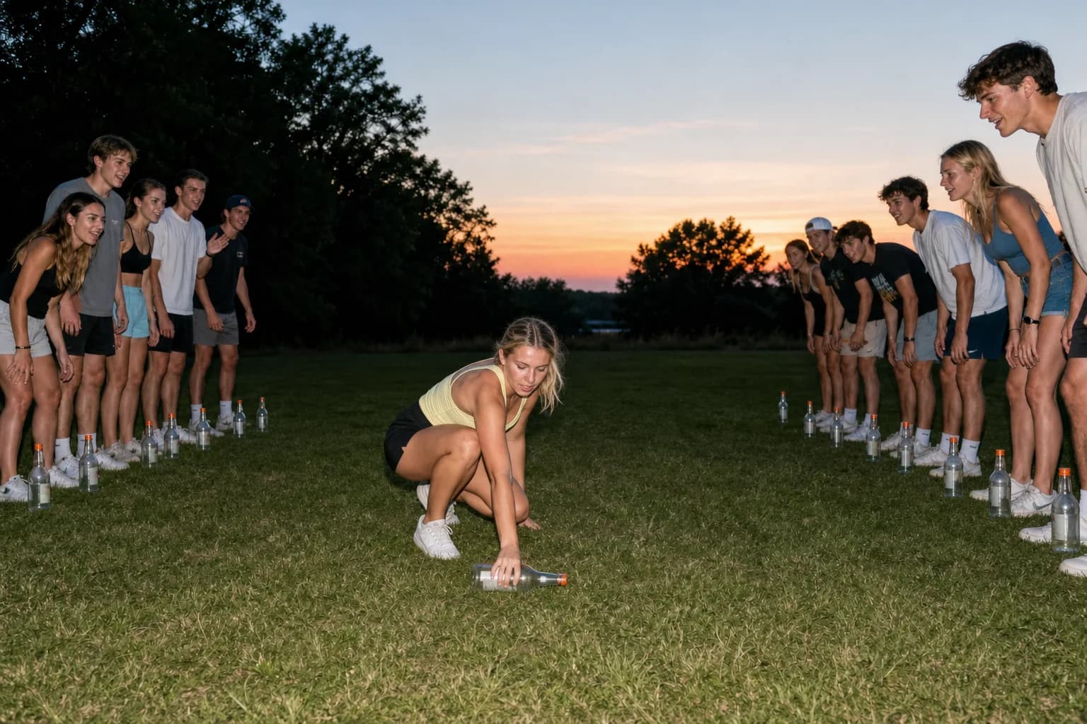 A Flunkyball runner from the left team picks up the fallen center bottle