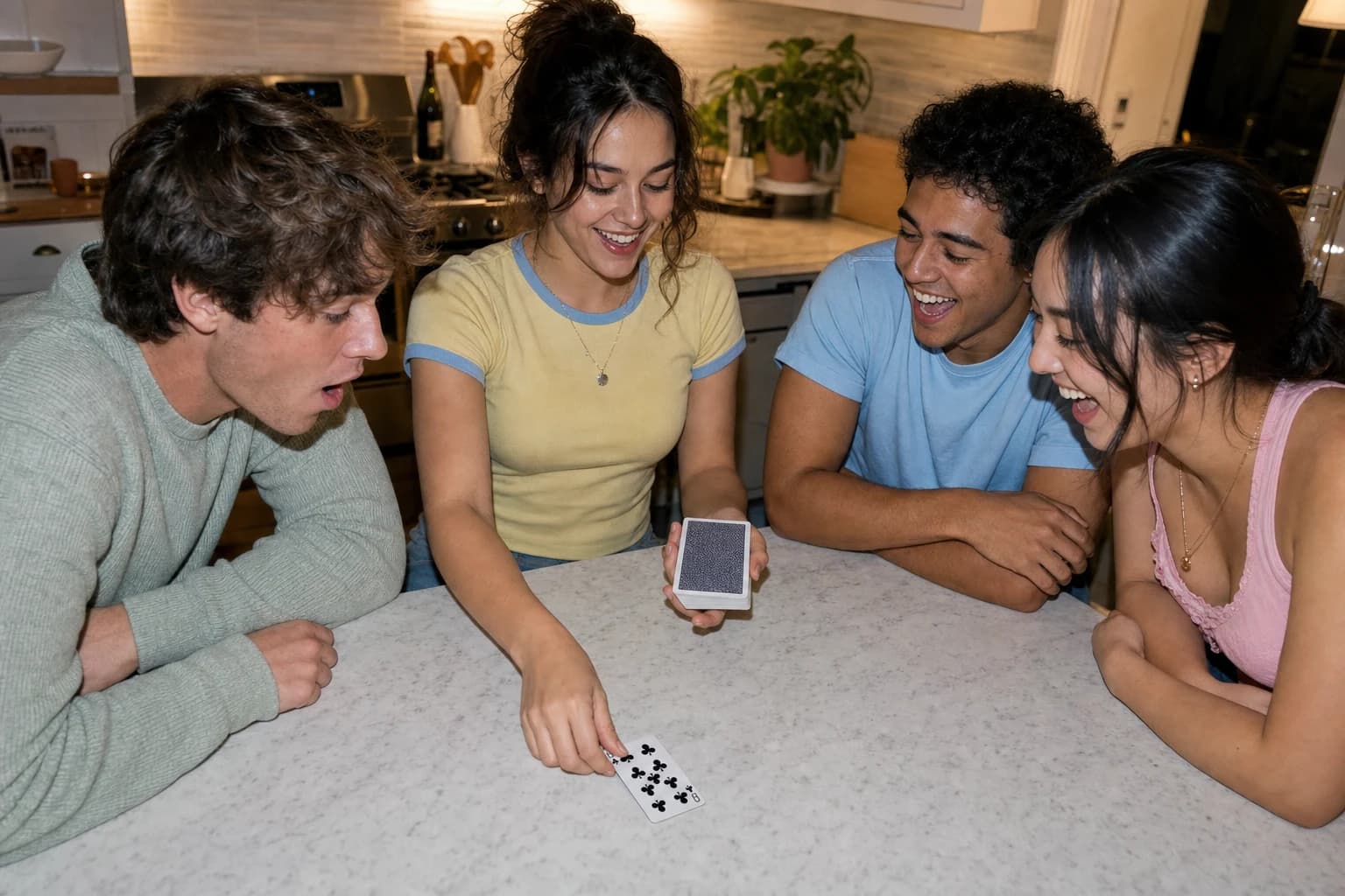The dealer reveals the top card after a higher-or-lower guess