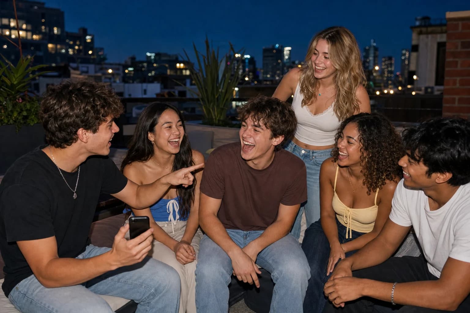 The selected player holds the phone and points to one friend