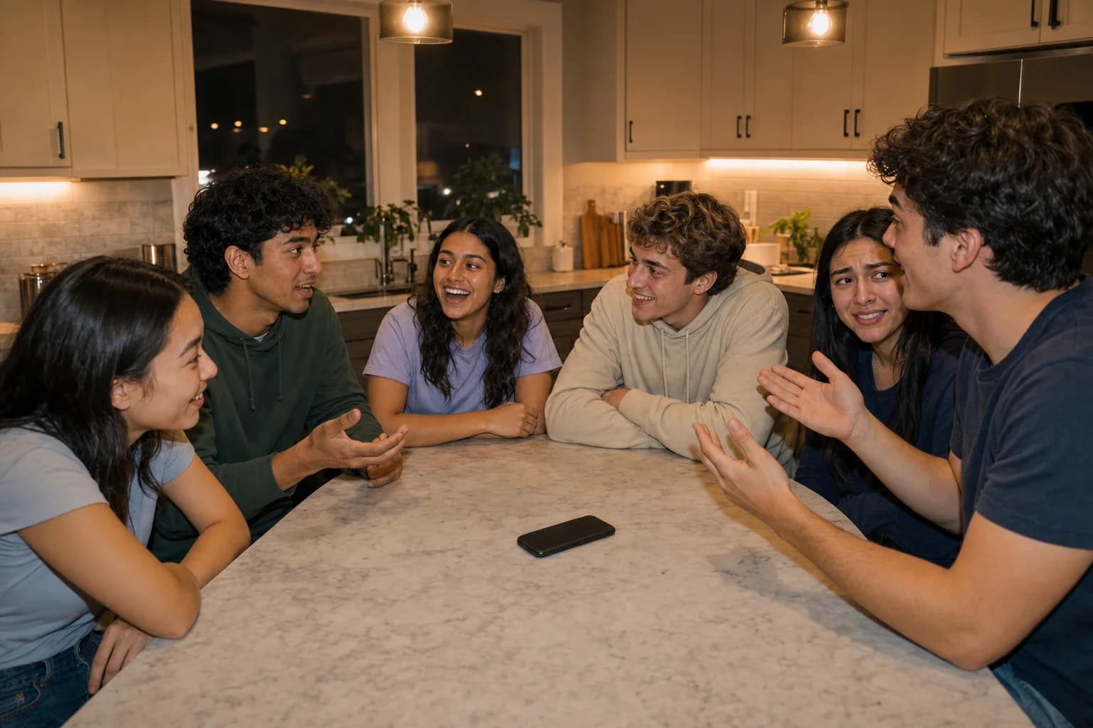 Friends give verbal clues after privately checking one shared phone