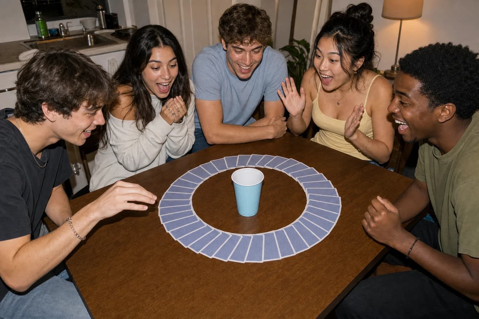 A player draws a king from the card ring around the Kings Cup