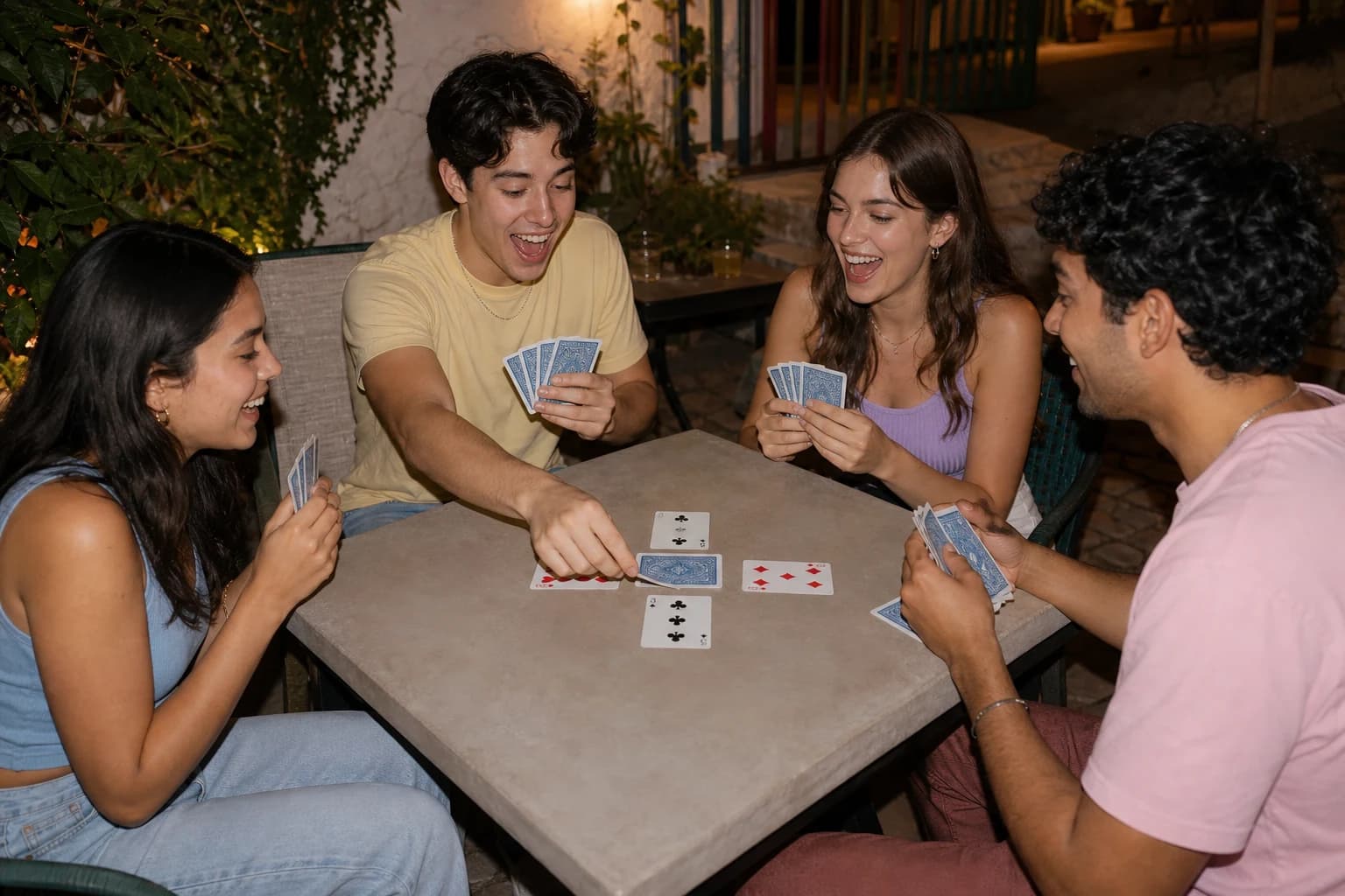 Players match hand cards to a five-card cross