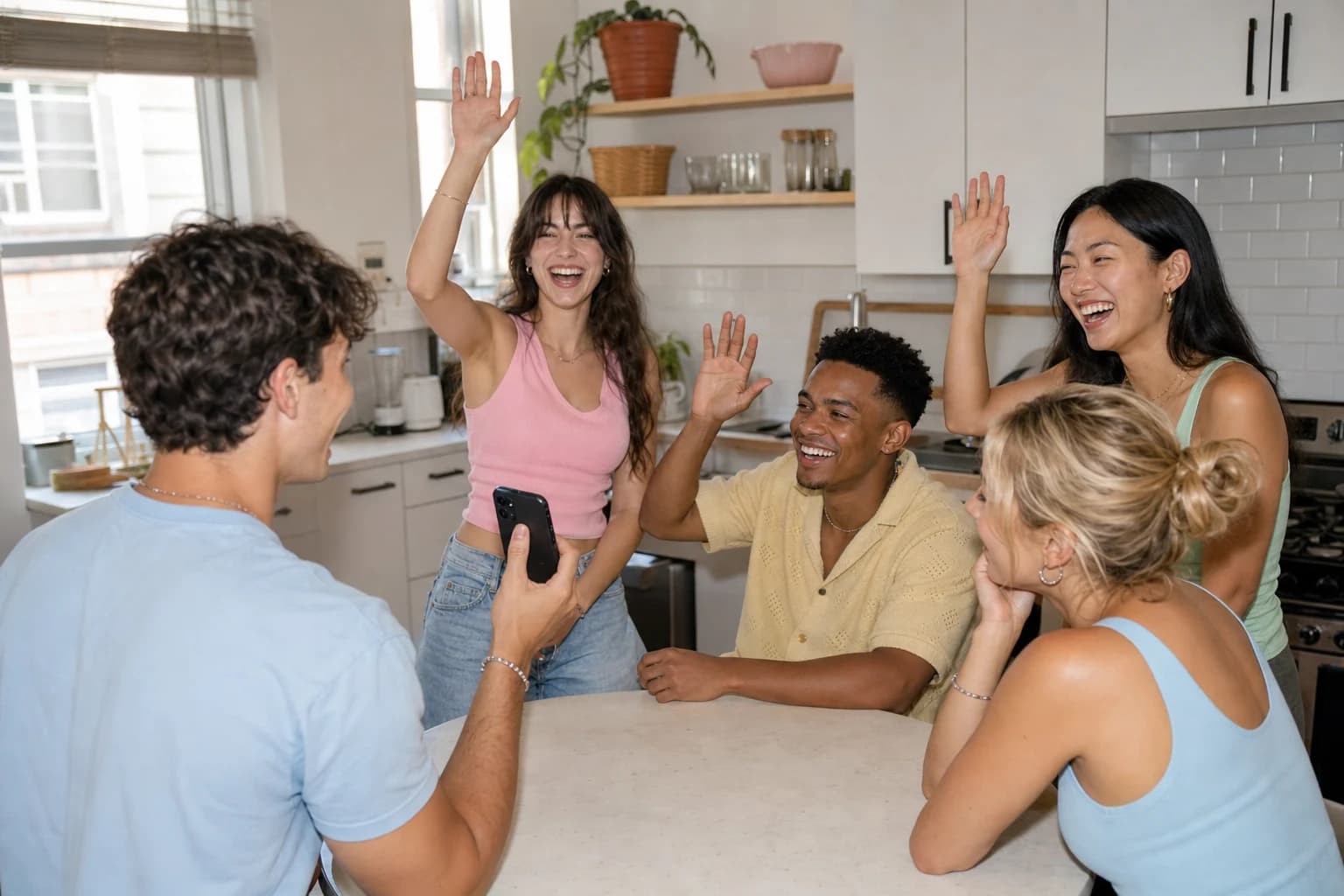 Young adults reacting to a Never Have I Ever statement