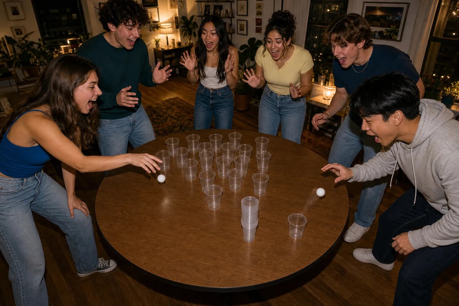 Two Rage Cage players bounce toward a four-cup stack and one empty cup on a round table