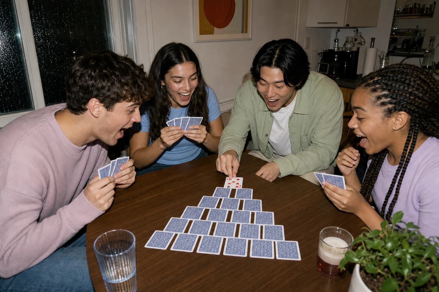 Players reveal a card in the Ride the Bus pyramid