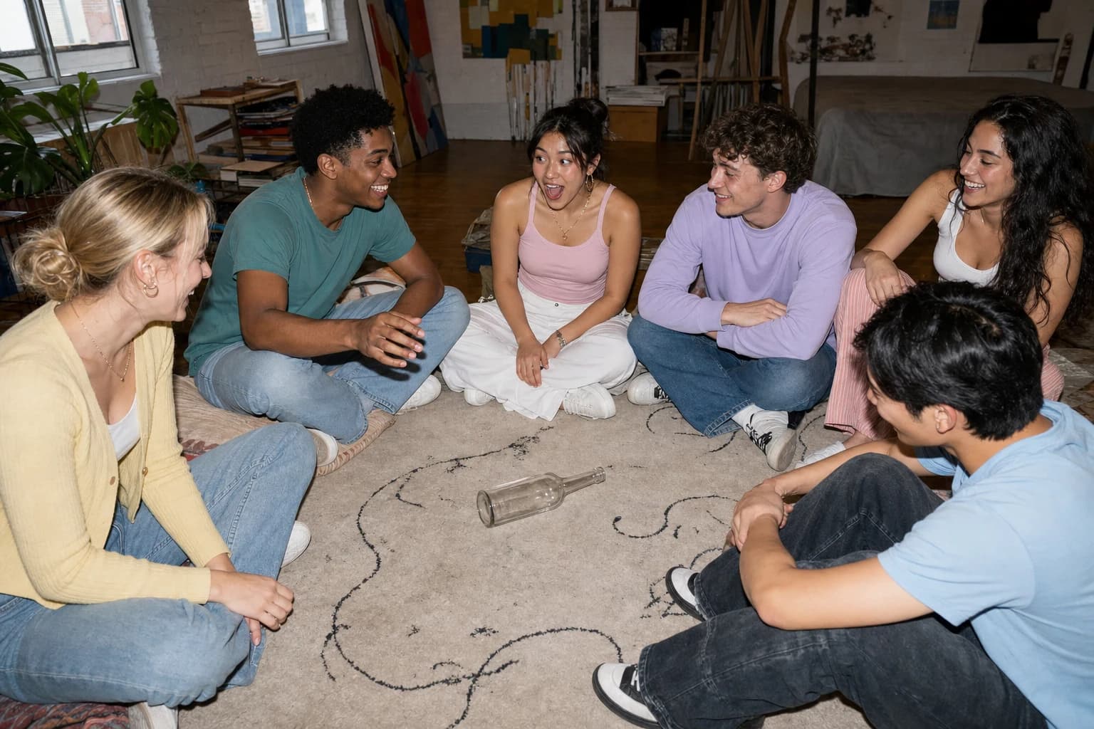 An empty bottle points to one player in a seated circle