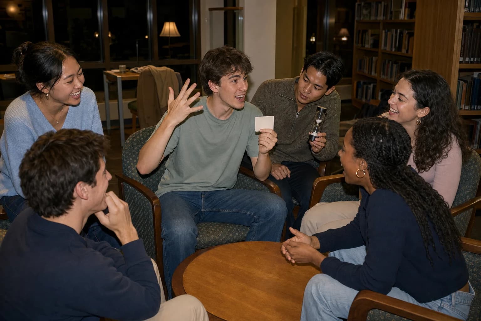 A player describes a hidden term while an opponent checks the card