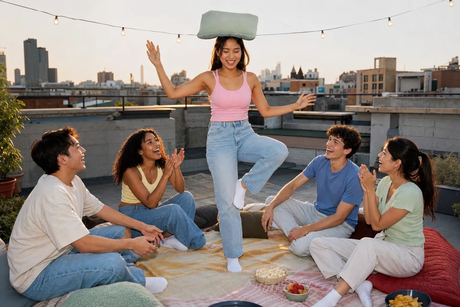 A player completes a safe balancing dare while friends cheer