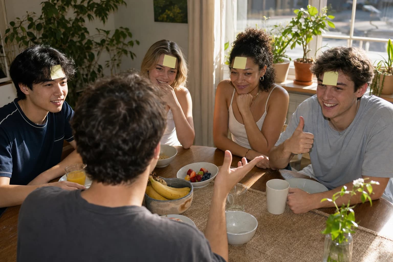Players wear hidden identity notes while answering a yes-or-no question