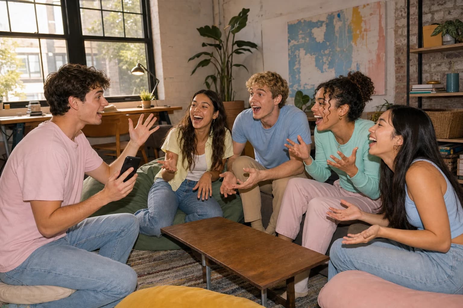 One player explains words from a phone while four friends guess together